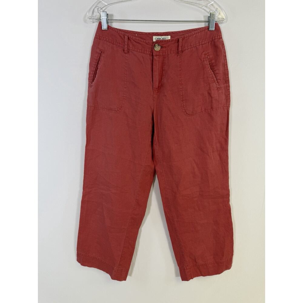 Cherokee Women's Red Cropped Pants Sz 6‎ 100% Linen High Rise Summer Tomato Girl